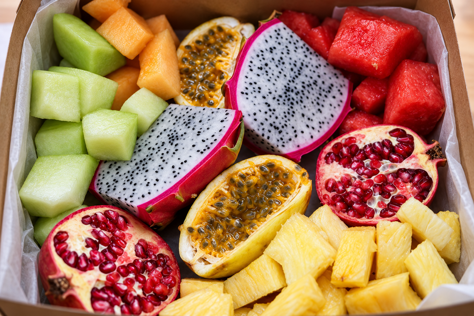 Fresh cut melon, dragon fruit, passion fruit, watermelon, pomegranate and pineapple in a welcome box