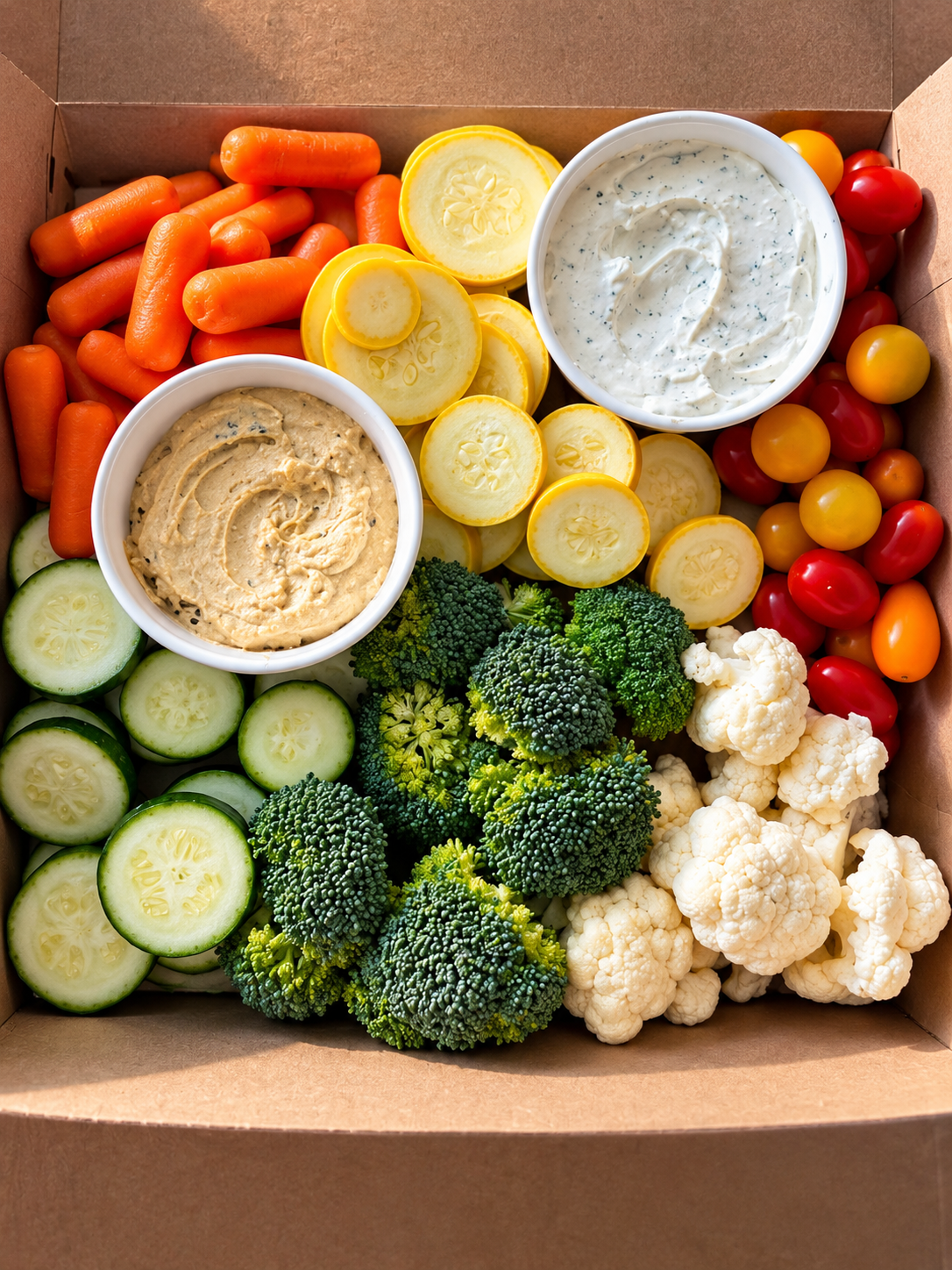 Carrots, yellow squash, cucumber, broccoli, cauliflower and cherry tomatoes with hummus and herb dip